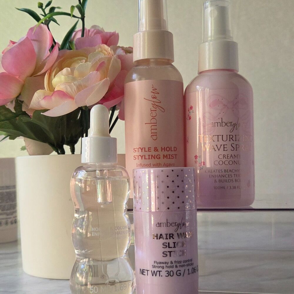 Amber Glow 4-Piece Hair Styling Set Wax Mist Wave Spray Hair Oil